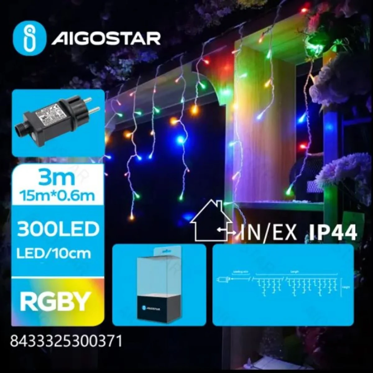 Χριστουγεννιάτικα Λαμπάκια Βροχή Ρεύματος με Διάφανο Καλώδιο 15x0,6m με Πολύχρωμο Φωτισμό και 8 Προγράμματα Λειτουργίας 30037