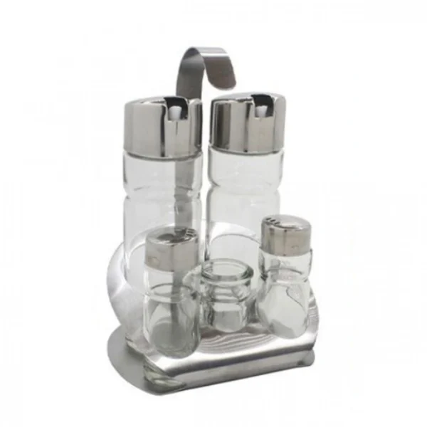 Γυάλινο Σετ Λαδόξυδο και Δοχείο Μπαχαρικών με Inox Βάση και Καπάκια 5 τεμ.