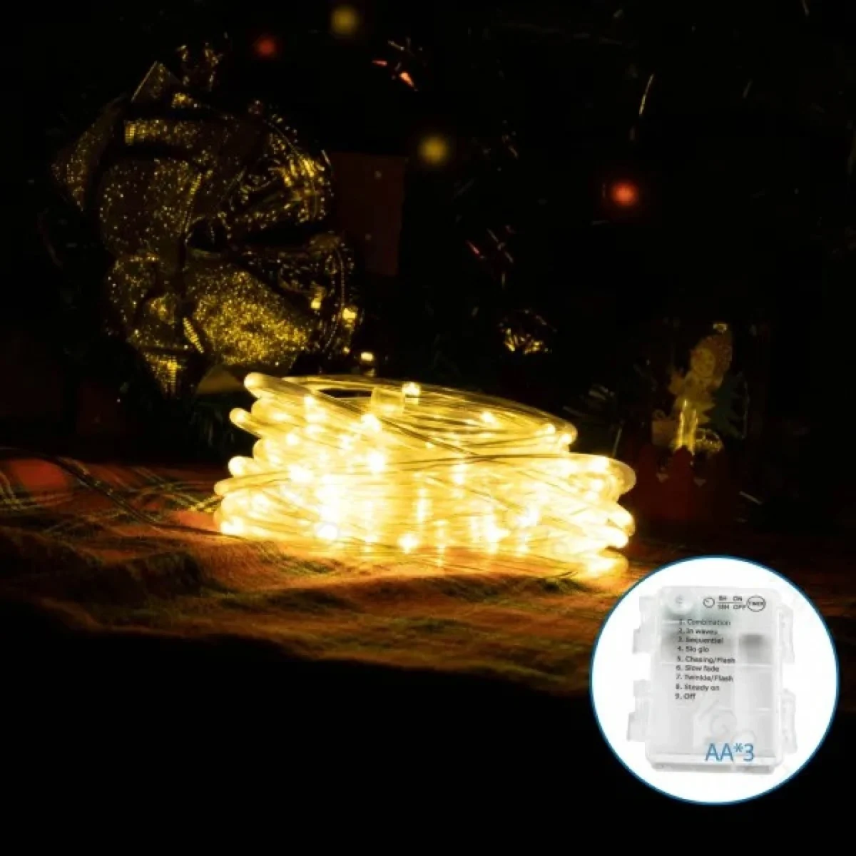 Χριστουγεννιάτικα Λαμπάκια Μπαταρίας σε Σωλήνα με Διάφανο Καλώδιο 10m με Θερμό Φωτισμό και 8 Προγράμματα Λειτουργίας 30713