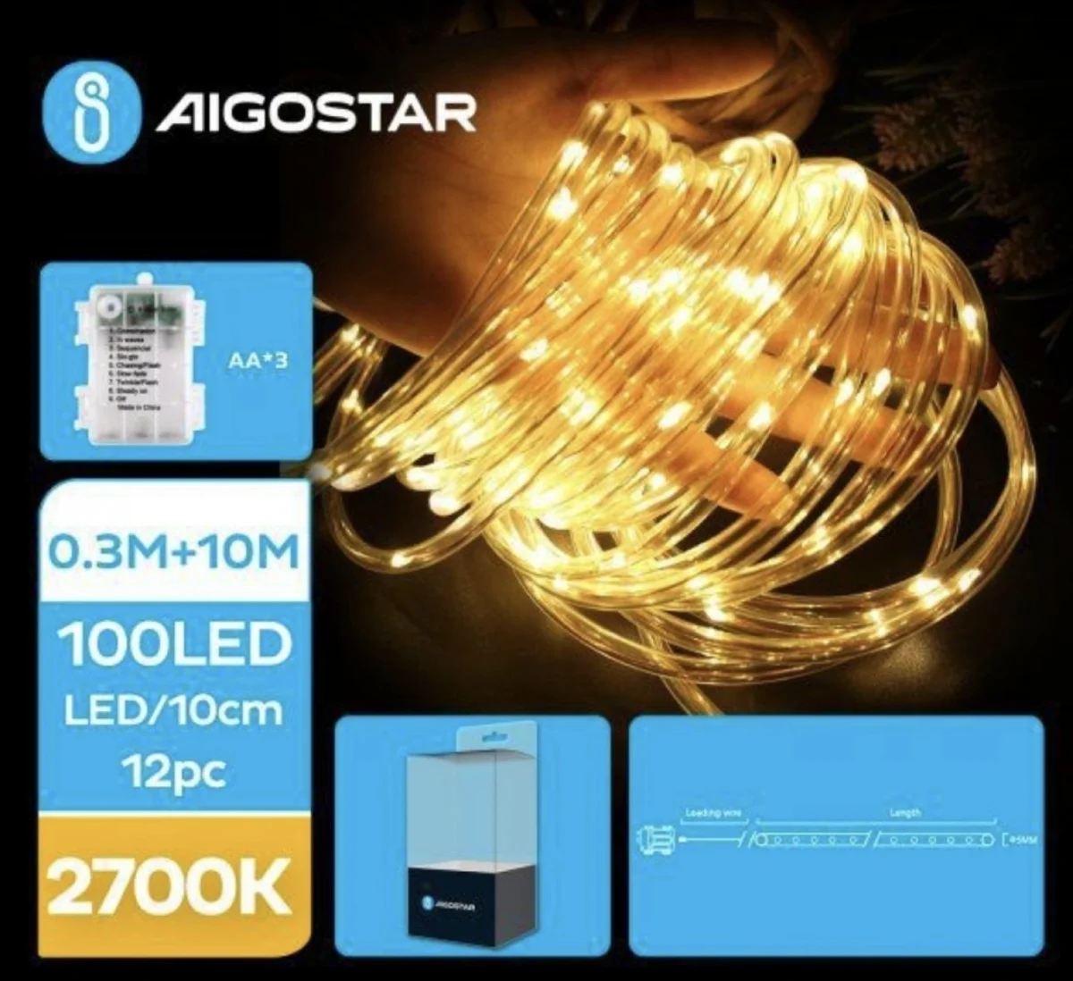 Χριστουγεννιάτικα Λαμπάκια Μπαταρίας σε Σωλήνα με Διάφανο Καλώδιο 10m με Θερμό Φωτισμό και 8 Προγράμματα Λειτουργίας 30713