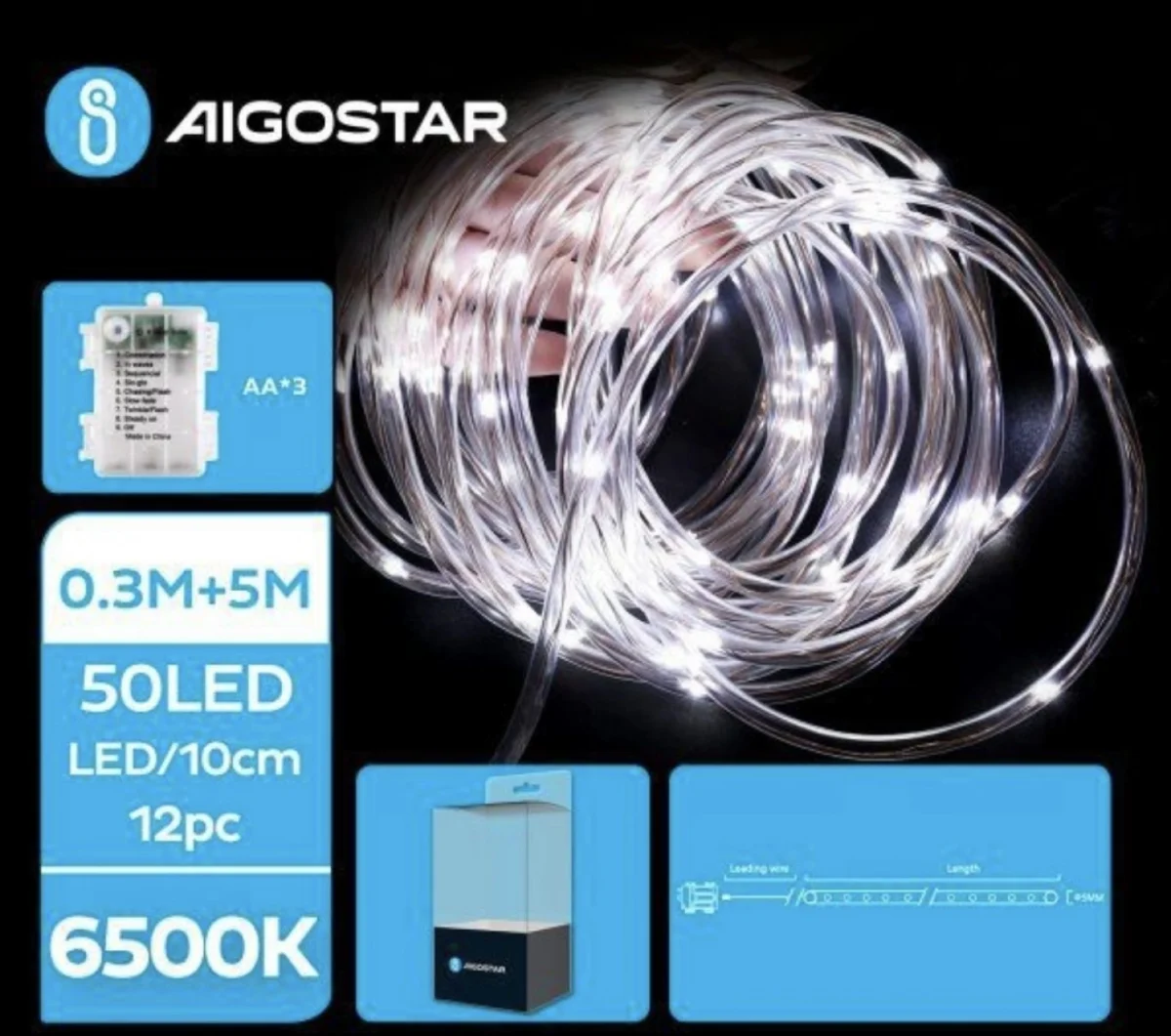 Χριστουγεννιάτικα Λαμπάκια Μπαταρίας σε Σωλήνα με Διάφανο Καλώδιο 5m με Λευκό Ψυχρό Φωτισμό και 8 Προγράμματα Λειτουργίας 30715