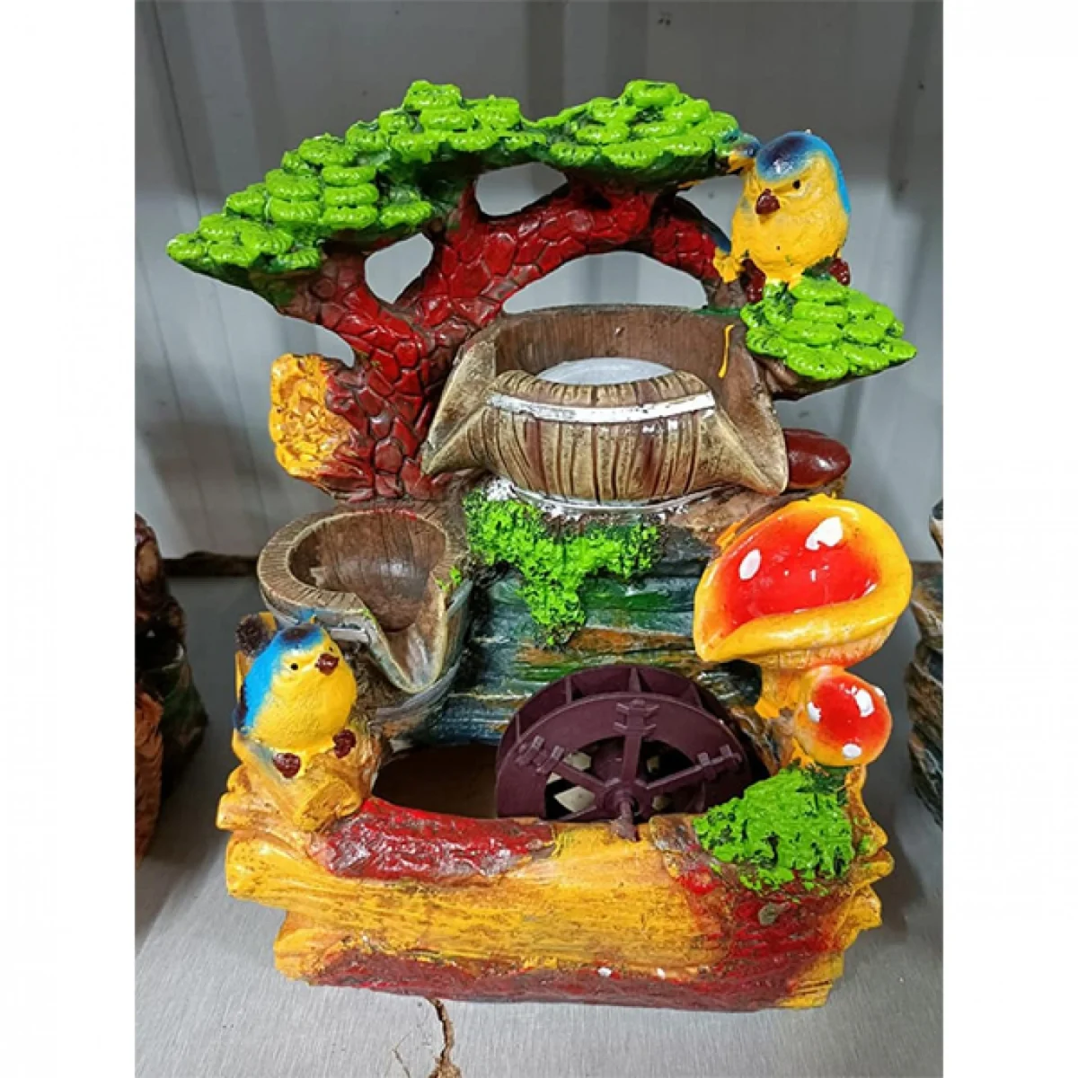 Διακοσμητικό Συντριβάνι με Βαρέλι, Πουλάκια, Τρεχούμενο Νερό και Πολύχρωμο Φωτισμό LED 20x15x27εκ