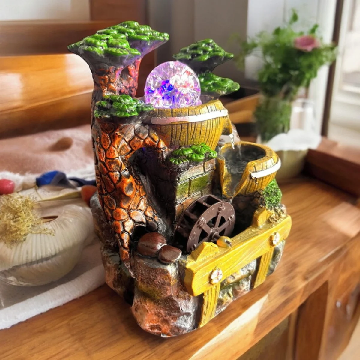 Διακοσμητικό Συντριβάνι με Βαρέλι, Δέντρα, Τρεχούμενο Νερό και Πολύχρωμο Φωτισμό LED 20x15x13εκ