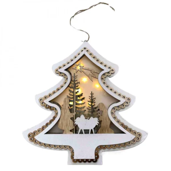 Κρεμαστό Χριστουγεννιάτικο Ξύλινο Στολίδι με Φωτισμό LED “Δέντρο με Φάτνη” 22x22cm.