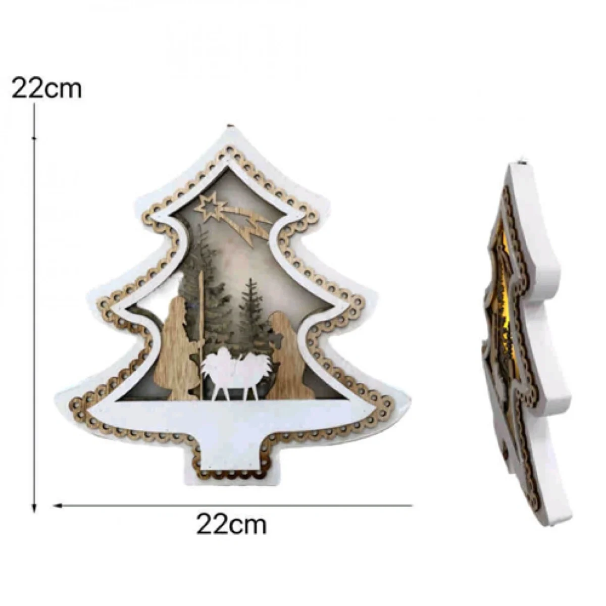 Κρεμαστό Χριστουγεννιάτικο Ξύλινο Στολίδι με Φωτισμό LED “Δέντρο με Φάτνη” 22x22cm.