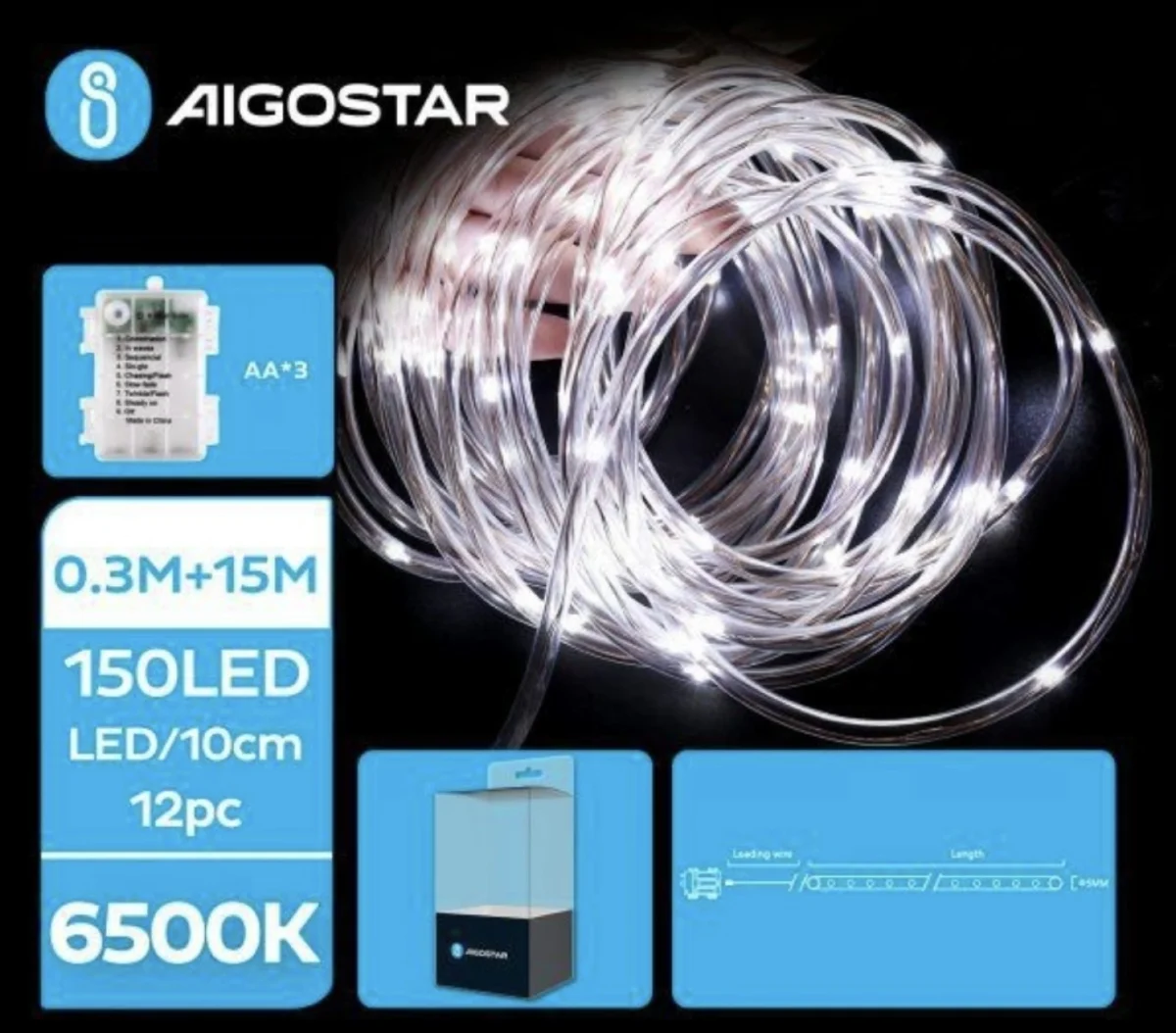 Χριστουγεννιάτικα Λαμπάκια Μπαταρίας σε Σωλήνα με Διάφανο Καλώδιο 15m με Λευκό Ψυχρό Φωτισμό και 8 Προγράμματα Λειτουργίας 30717