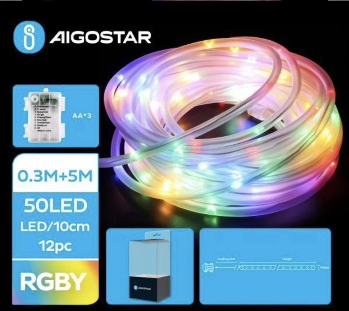 Χριστουγεννιάτικα Λαμπάκια Μπαταρίας σε Σωλήνα με Διάφανο Καλώδιο 5m με Πολύχρωμο Φωτισμό και 8 Προγράμματα Λειτουργίας 30718