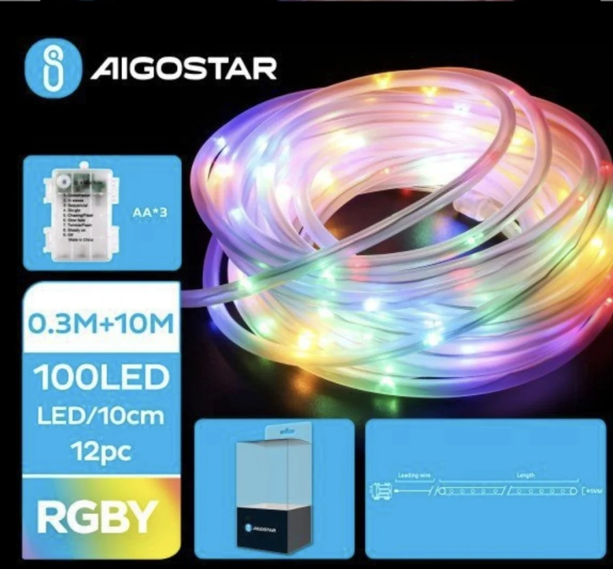 Χριστουγεννιάτικα Λαμπάκια Μπαταρίας σε Σωλήνα με Διάφανο Καλώδιο 10m με Πολύχρωμο Φωτισμό και 8 Προγράμματα Λειτουργίας 30719