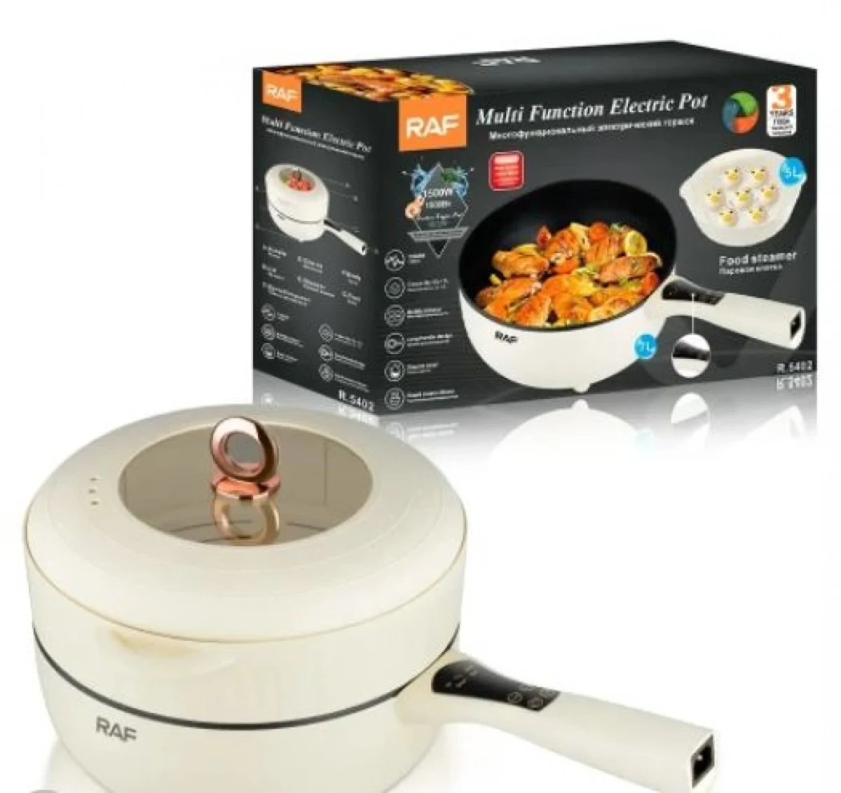 Αντικολλητική Ηλεκτρική Κατσαρόλα Πολλαπλών Λειτουργιών με Σχάρα Ατμού 2 Στρώσεων 7L 1500W RAF R.5402