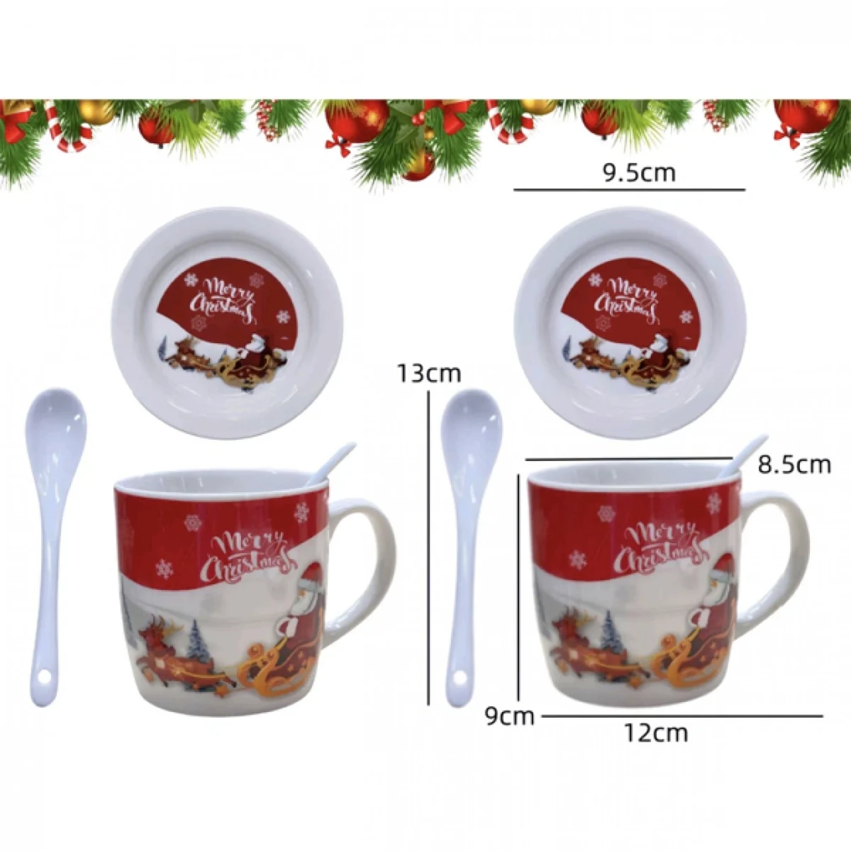 Σετ με 2 Χριστουγεννιάτικες Κεραμικές Κούπες 320ml με Πιατάκια και Κουταλάκια 96052