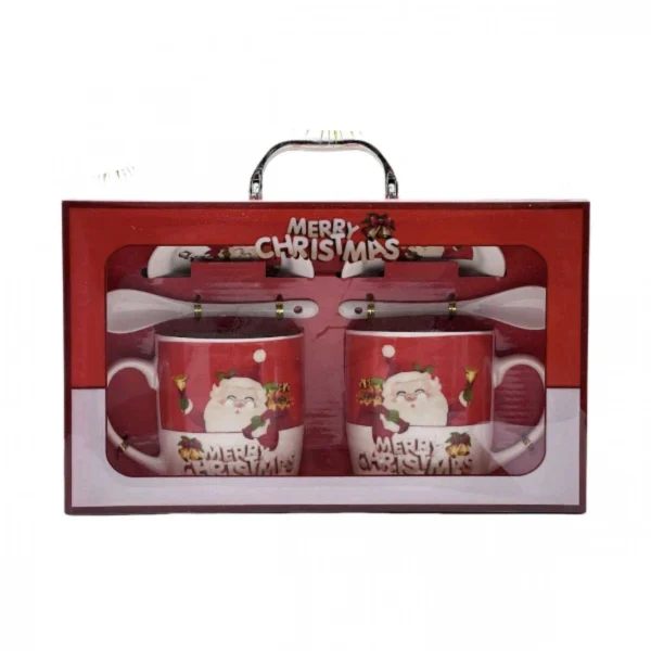 Σετ με 2 Χριστουγεννιάτικες Κεραμικές Κούπες 320ml με Πιατάκια και Κουταλάκια 96053