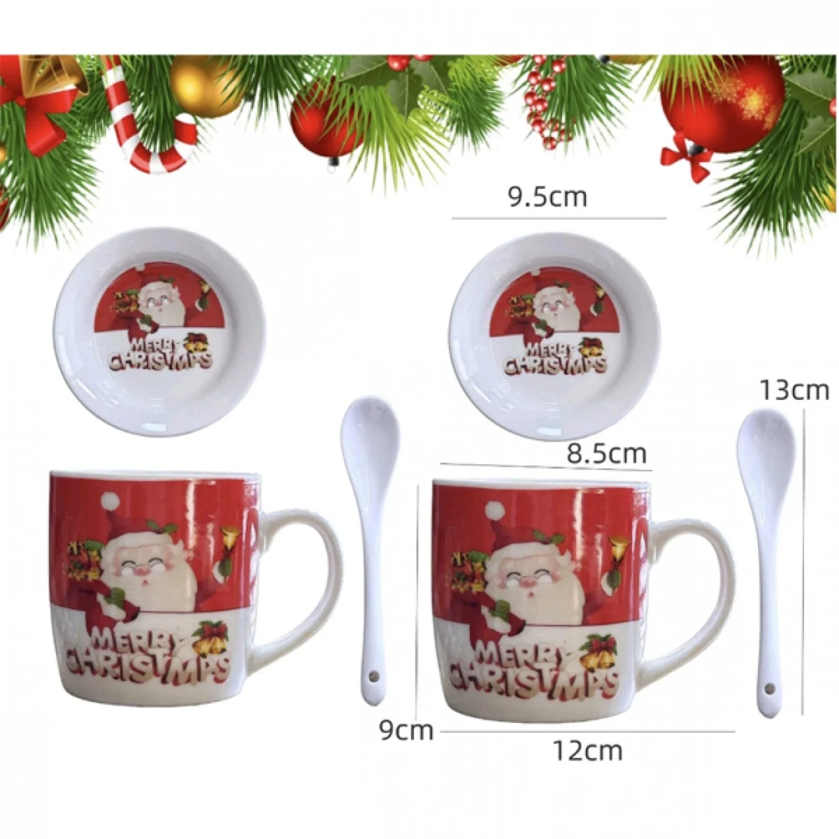 Σετ με 2 Χριστουγεννιάτικες Κεραμικές Κούπες 320ml με Πιατάκια και Κουταλάκια 96053