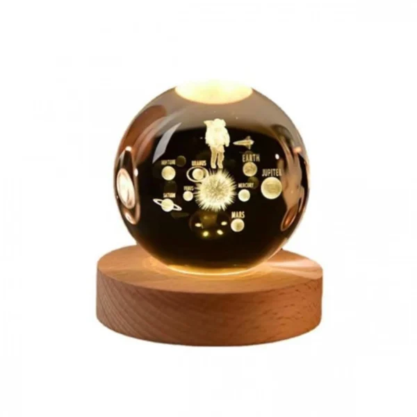 Φωτιστικό Κρυστάλλινη Σφαίρα 6cm Χαραγμένη Εσωτερικά με Λέιζερ - Αστροναύτης με Ηλιακό Σύστημα