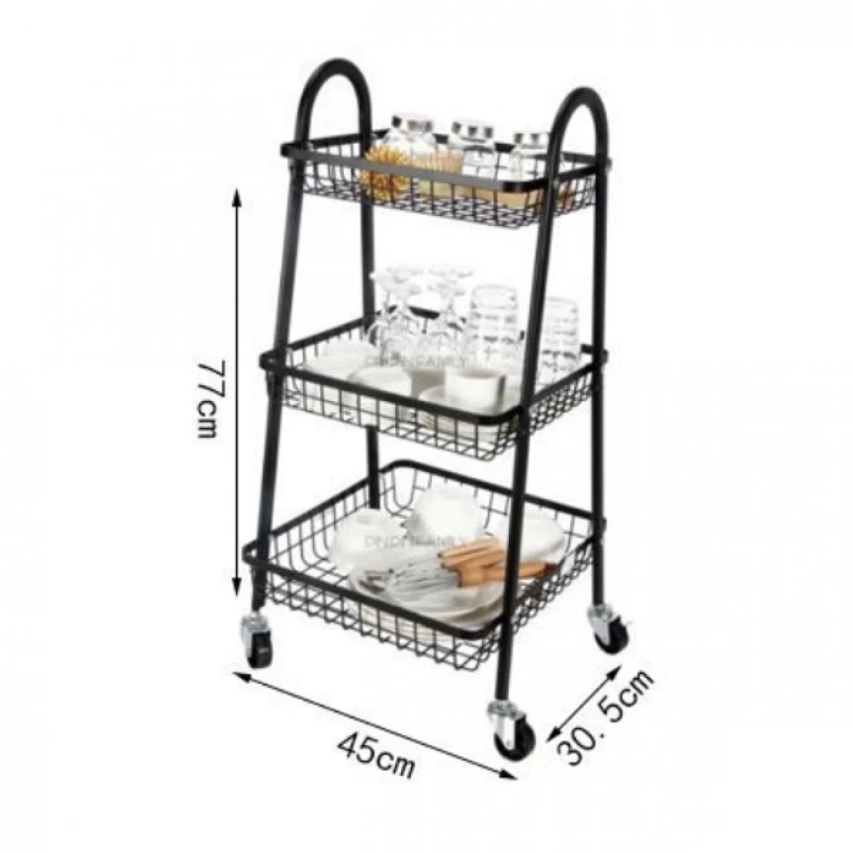 Μεταλλικό Τρόλεϊ Κουζίνας 3 Θέσεων - Μαύρο 45×30.5×77cm