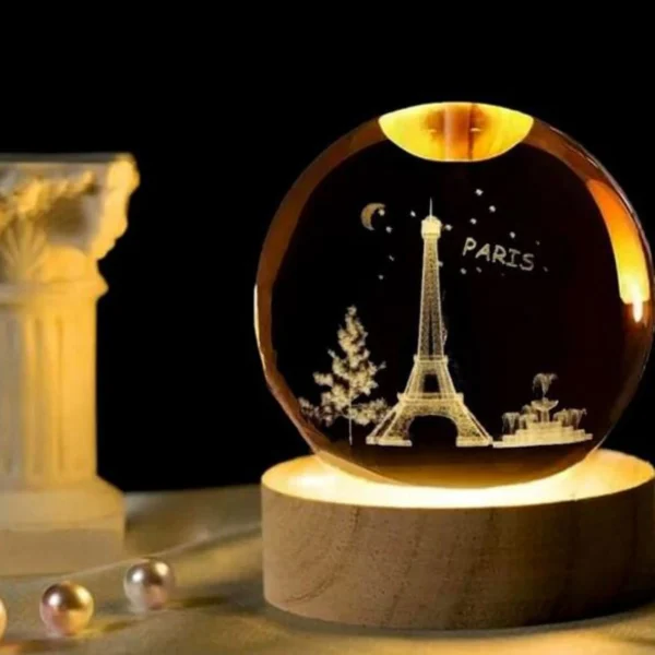 Φωτιστικό Κρυστάλλινη Σφαίρα 8cm Χαραγμένη Εσωτερικά με Λέιζερ - Νυχτερινό Παρίσι
