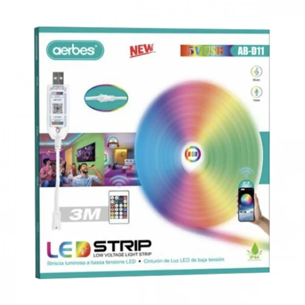 Εύκαμπτη Αδιάβροχη Ταινία LED 3 Μέτρων RGB WIFI USB 5V με Τηλεχειριστήριο AERBES