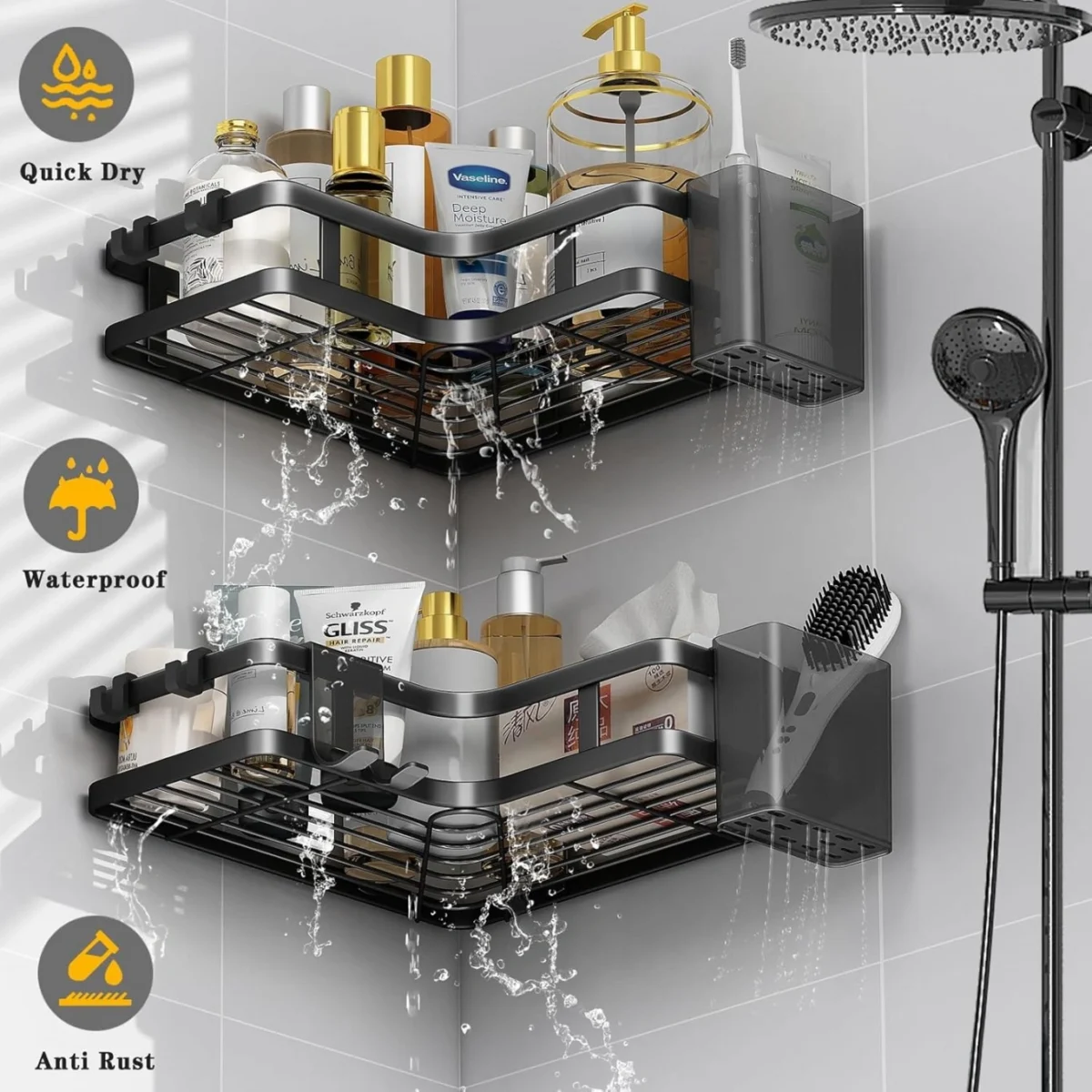 Σετ 2 Επιτοίχια Γωνιακά Αυτοκόλλητα Μεταλλικά Ράφια Μπάνιου-Κουζίνας