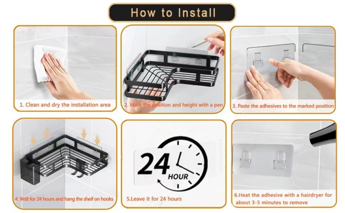 Σετ 2 Επιτοίχια Γωνιακά Αυτοκόλλητα Μεταλλικά Ράφια Μπάνιου-Κουζίνας