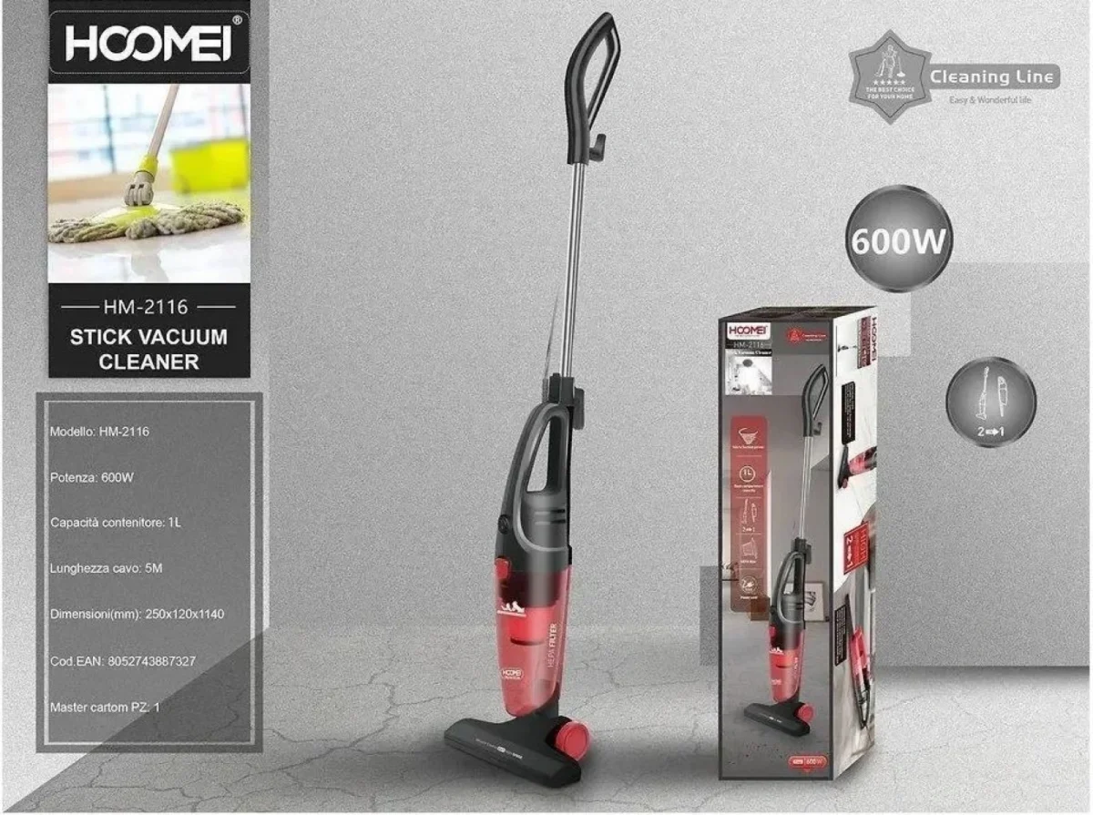 Ηλεκτρική Σκούπα Stick & Χειρός HOOMEI 600W με Κυκλωνική Τεχνολογία – Κόκκινη, 1L