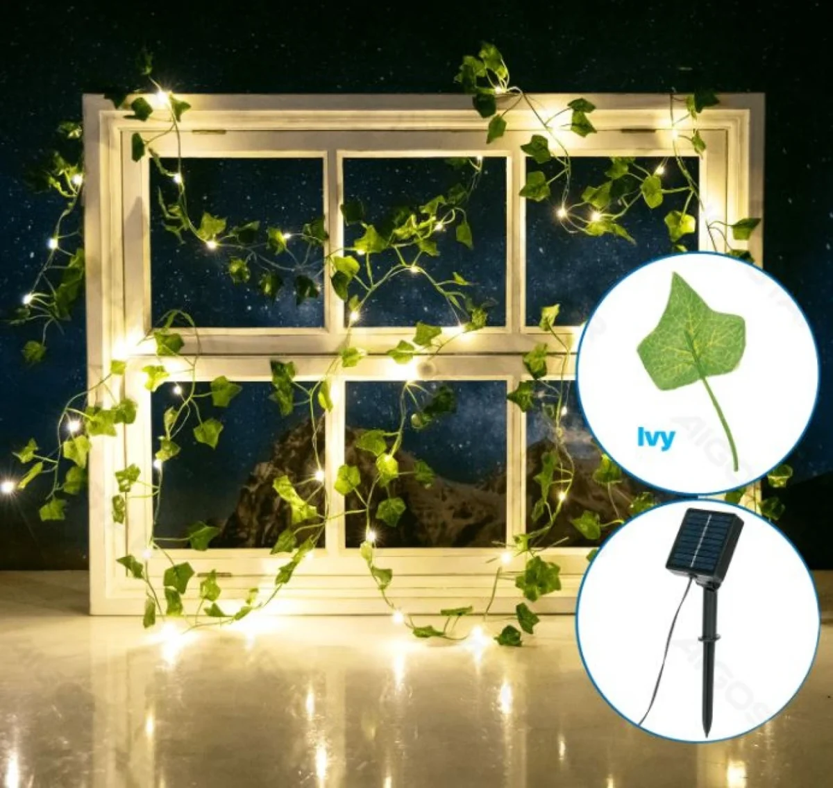 Ηλιακά LED Φώτα Θερμού Λευκού Φωτισμού 2700K με Τεχνητά Φύλλα Κισσού 5m + 2 – Για Εσωτερική & Εξωτερική Διακόσμηση