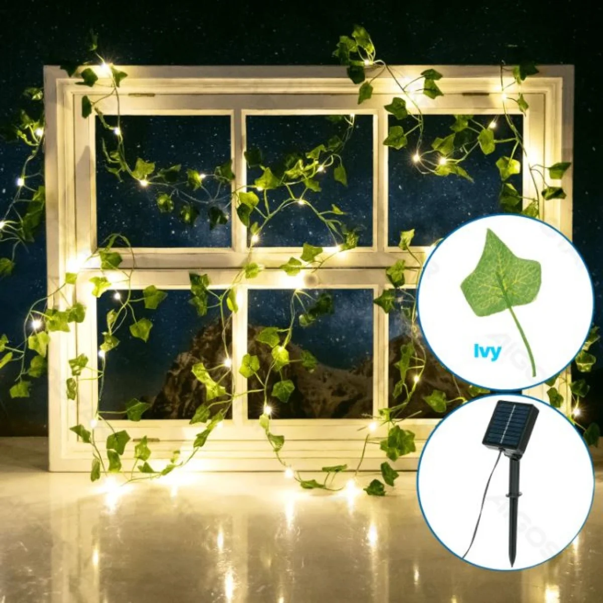 Ηλιακά LED Φώτα Θερμού Λευκού Φωτισμού 2700K με Τεχνητά Φύλλα Κισσού 10m + 2 – Για Εσωτερική & Εξωτερική Διακόσμηση