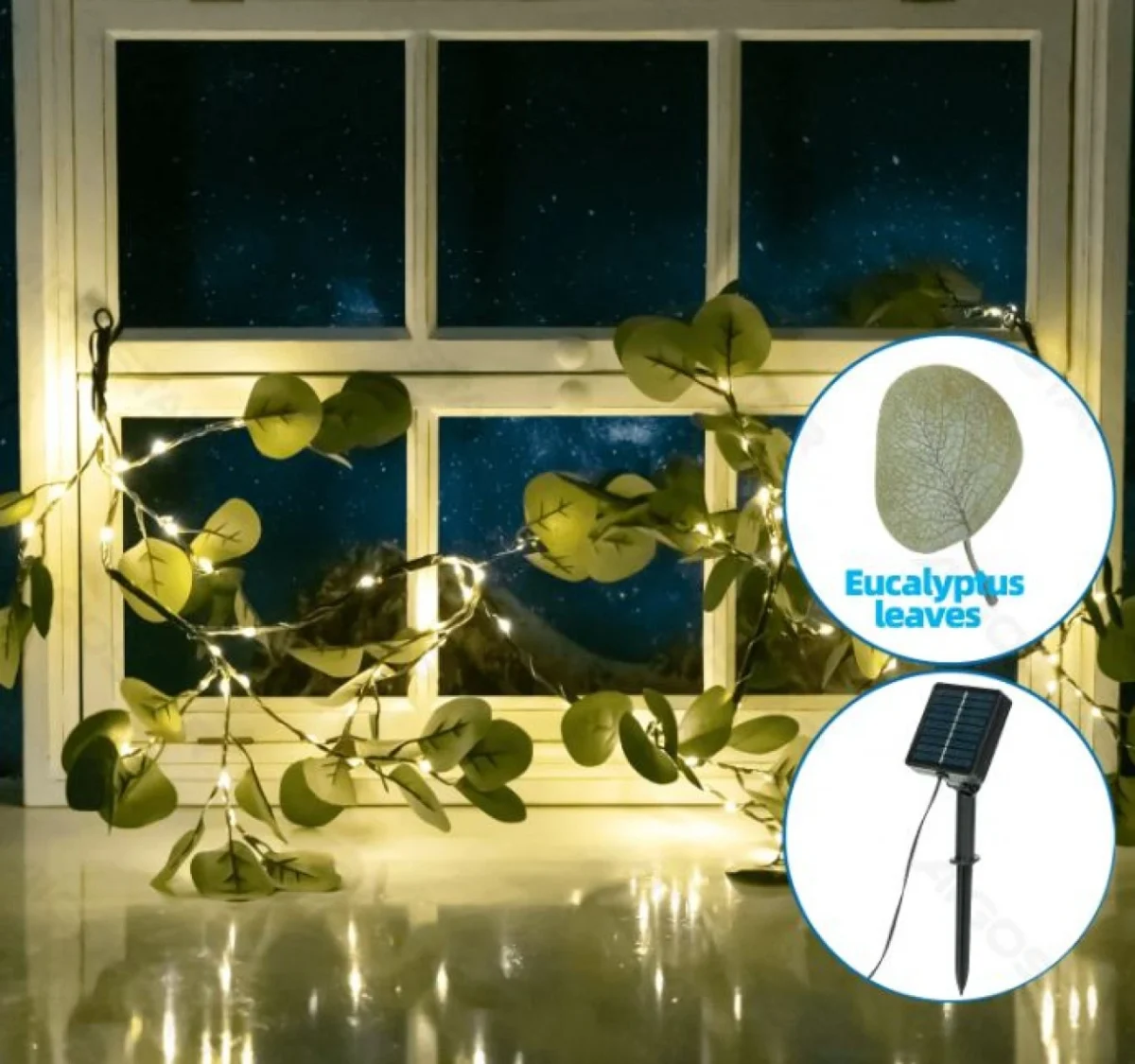 Ηλιακά LED Φώτα Θερμού Λευκού Φωτισμού 2700K με Τεχνητά Φύλλα Ευκάλυπτου 10m + 2m 110 LED – Για Εσωτερική & Εξωτερική Διακόσμηση IP65