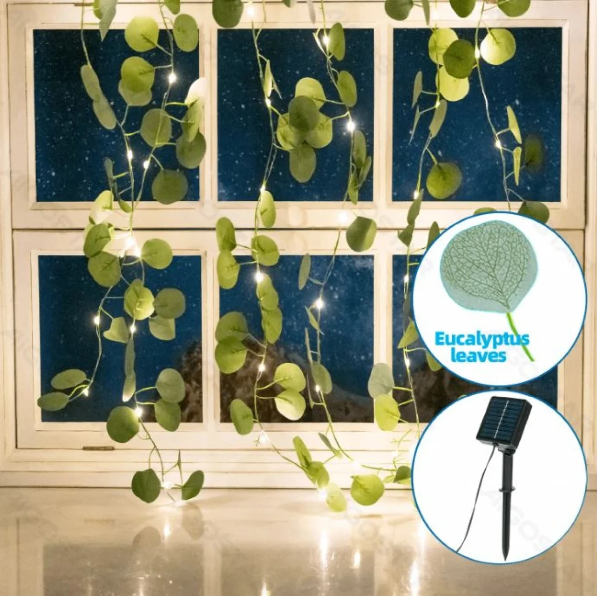 Ηλιακά LED Φώτα Κουρτίνα Θερμού Λευκού Φωτισμού 2700K με Τεχνητά Φύλλα Ευκάλυπτου 3m + 1m x 1m Υψος 70 LED – Για Εσωτερική & Εξωτερική Διακόσμηση IP65