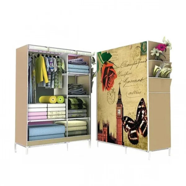 Μεγάλη Υφασμάτινη Αδιάβροχη Ντουλάπα 3D με Μεταλλικό Σκελετό, Ράφια και Ράγες για Ρούχα και Λευκά Είδη 105x45x170cm