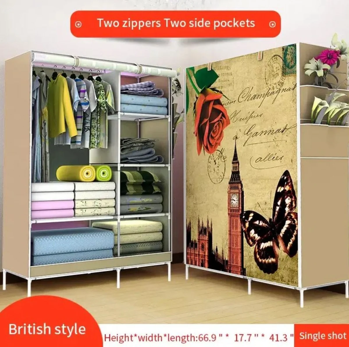 Μεγάλη Υφασμάτινη Αδιάβροχη Ντουλάπα 3D με Μεταλλικό Σκελετό, Ράφια και Ράγες για Ρούχα και Λευκά Είδη 105x45x170cm