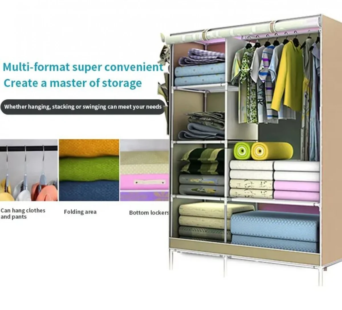 Μεγάλη Υφασμάτινη Αδιάβροχη Ντουλάπα 3D με Μεταλλικό Σκελετό, Ράφια και Ράγες για Ρούχα και Λευκά Είδη 105x45x170cm