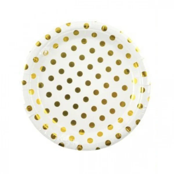 23cm Σετ 6τεμ Χάρτινα Πιάτα για Πάρτι με Χρυσά Πουά – Gold Poua