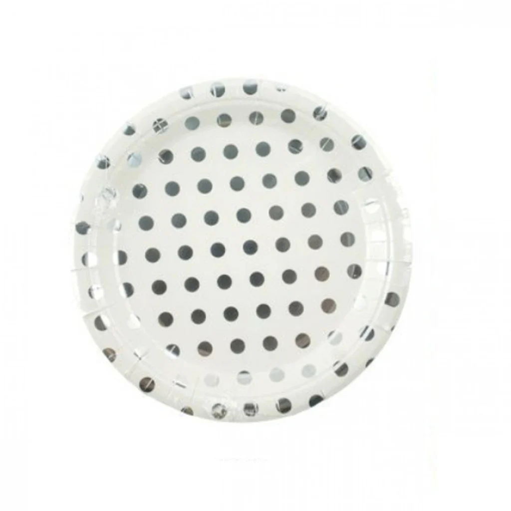 23cm Σετ 6τεμ Χάρτινα Πιάτα για Πάρτι με Ασημενιο Πουά – Silver Poua