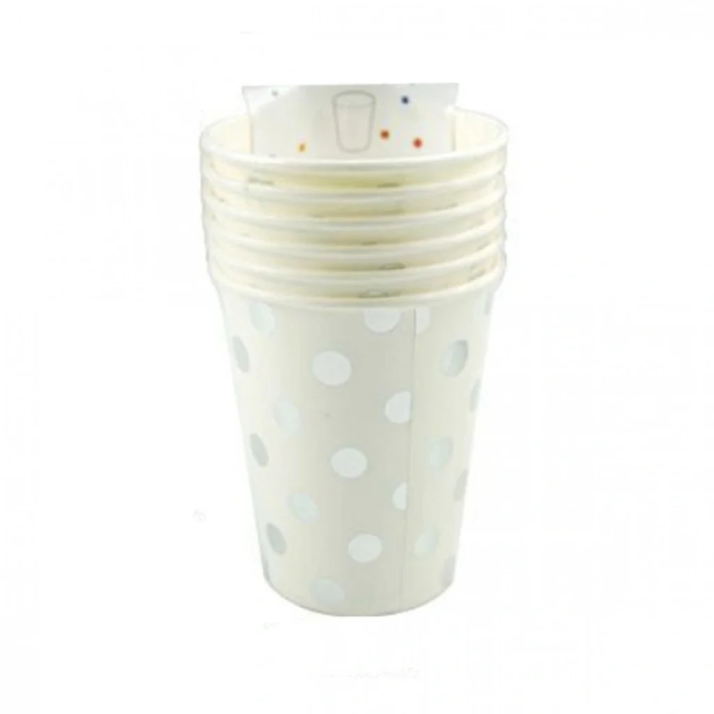 Σετ 6τεμ Χάρτινα Ποτήρια για Πάρτι με Ασημένια Πουά 7.5x8.5cm – Silver Poua