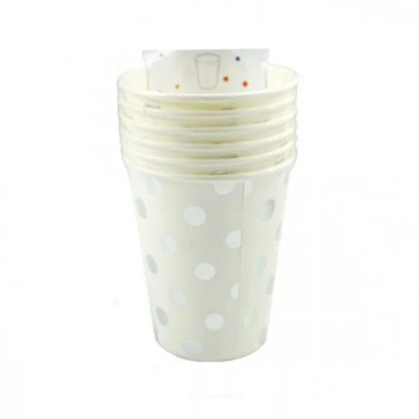 Σετ 6τεμ Χάρτινα Ποτήρια για Πάρτι με Ασημένια Πουά 7.5x8.5cm – Silver Poua