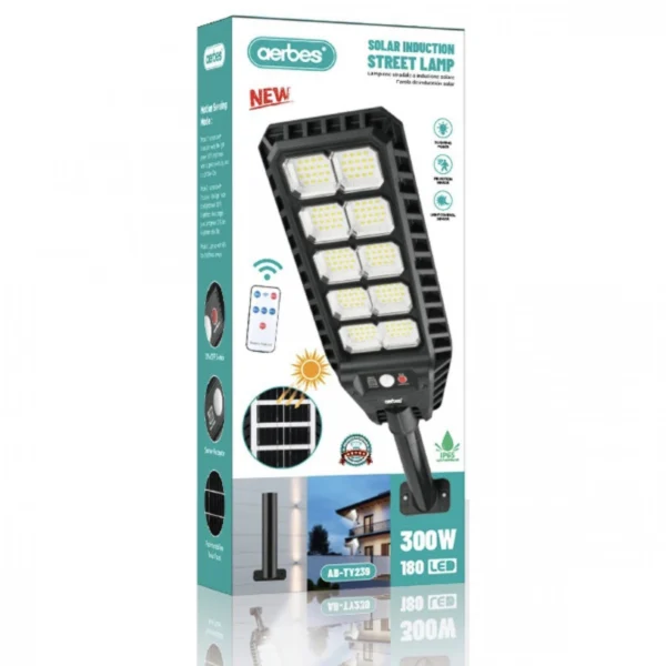 Αδιάβροχος Ηλιακός Προβολέας 8 COB 180 LED 300W - Φωτιστικό Δρόμου με Τηλεχειριστήριο, Ανιχνευτή Κίνησης, Φωτοκύτταρο & Φωτοβολταϊκό Πάνελ AB-TY239