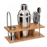 Σετ Κοκτέιλ 5 τεμαχίων από Ανοξείδωτο Χάλυβα και Ξύλινη Βάση Bartending Set