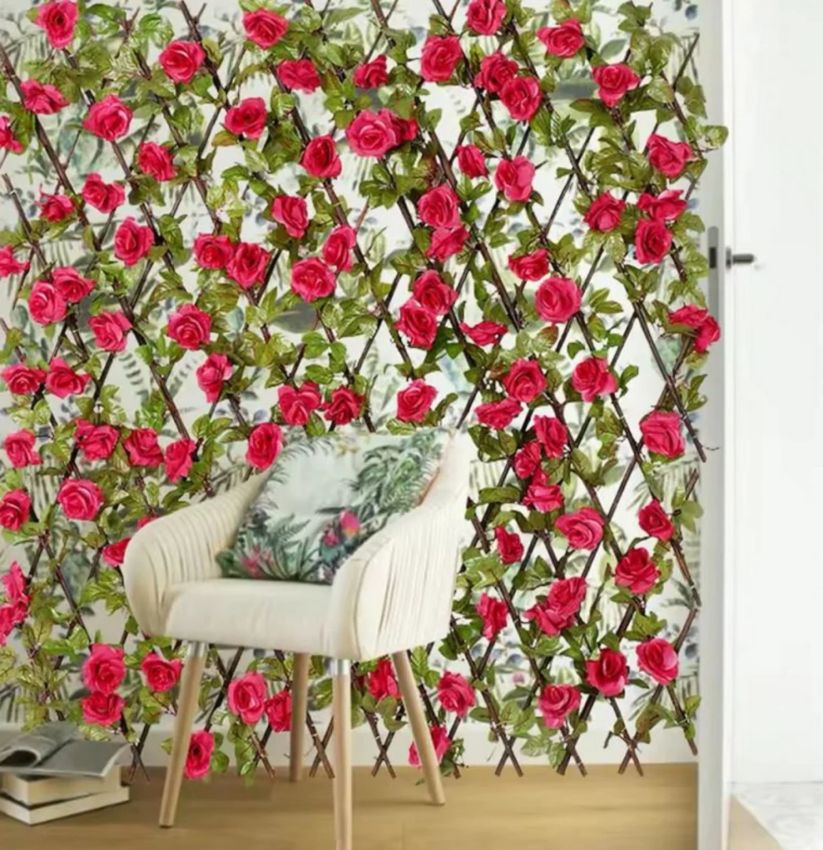 100x200cm Διακοσμητική Πέργκολα Κήπου με Τεχνητά Ροζ Τριαντάφυλλα & Πράσινα Φύλλα