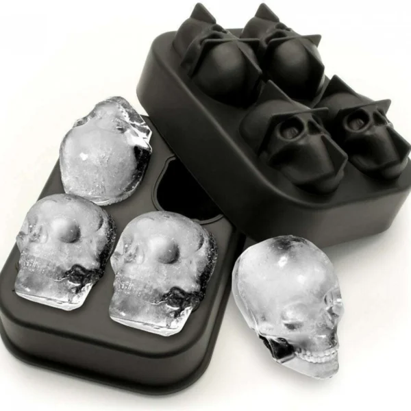 Παγοθήκη Σιλικόνης για Παγάκια σε Σχήμα Νεκροκεφαλής 4 Θέσεων με Καπάκι Μαύρη 11x8x4cm