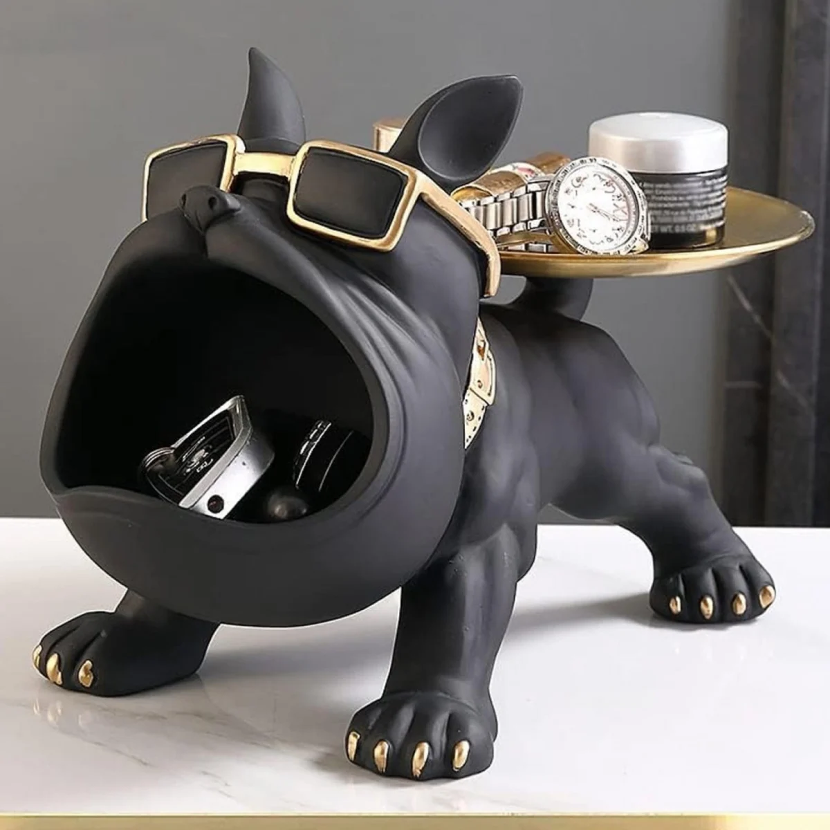 Γλυπτό Ρητίνης με Σχέδιο Γαλλικό Μπουλντόγκ με Δίσκο & Θήκη για Σοκολατάκια 30x17x18.5cm KJ132H Μαύρο