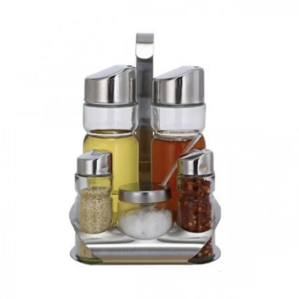 Γυάλινο Σετ Λαδόξυδο και Δοχεία Μπαχαρικών με Inox Βάση και Καπάκια 5 τεμ.