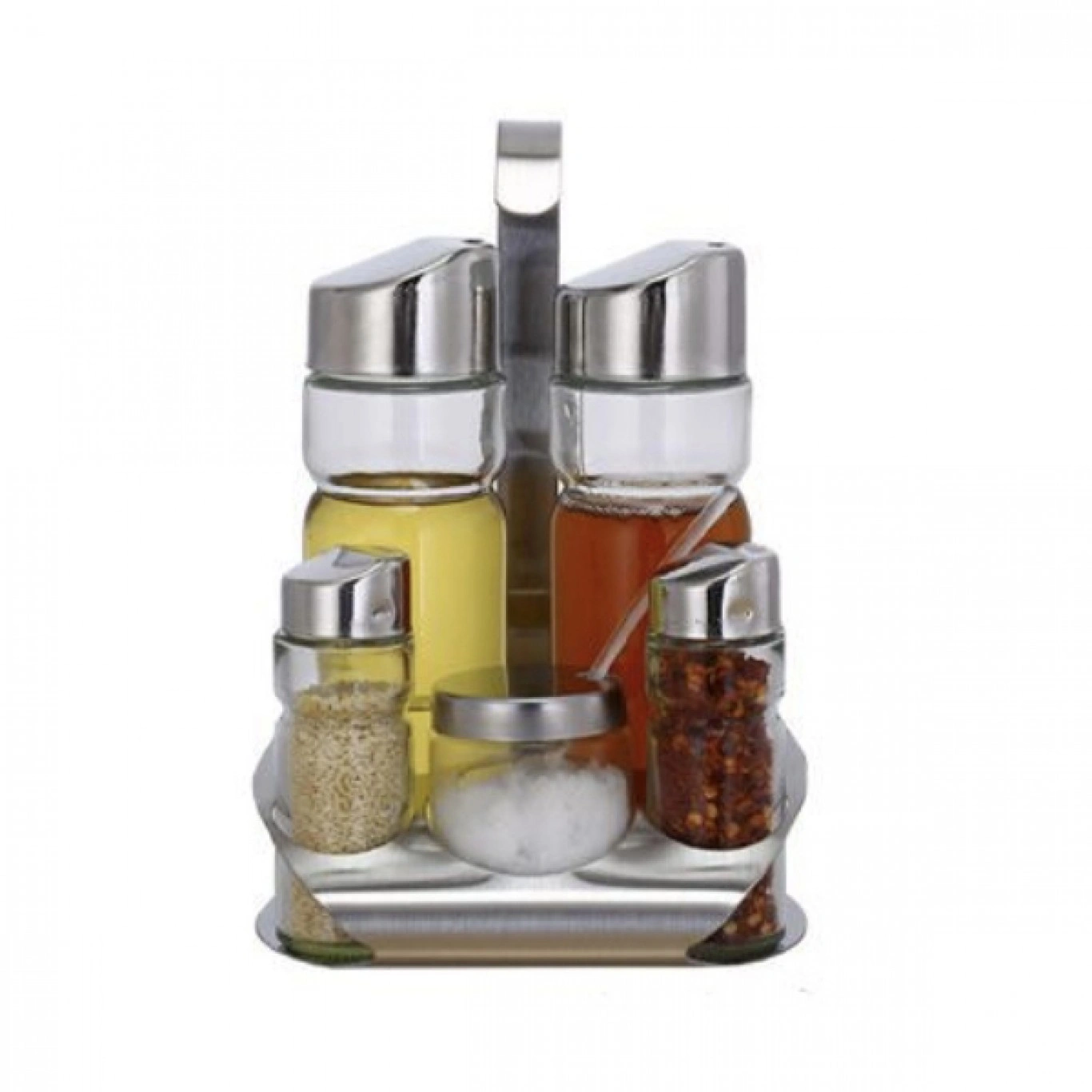 Γυάλινο Σετ Λαδόξυδο και Δοχεία Μπαχαρικών με Inox Βάση και Καπάκια 5 τεμ. Γυάλινο Σετ Λαδόξυδο και Δοχεία Μπαχαρικών με Inox Βάση και Καπάκια 5 τεμ.