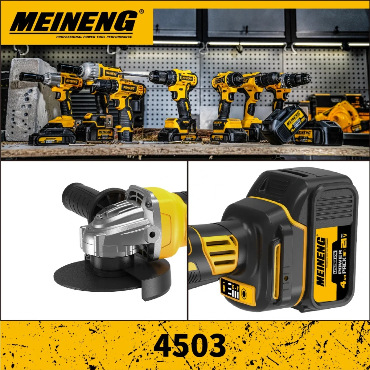 Επαναφορτιζόμενος Γωνιακός Τροχός 21V Brushless 115mm Meineng 4503 με 2 Μπαταρίες