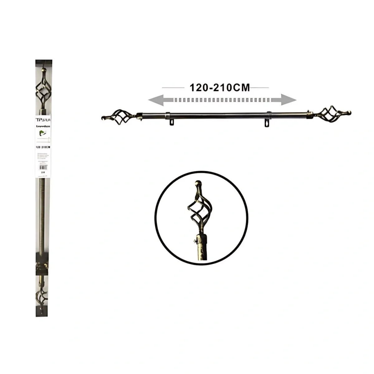 120-210cm Μεταλλικό Κουρτινόξυλο Πτυσσόμενο Μαύρο/Χρυσό Φ16-19mm