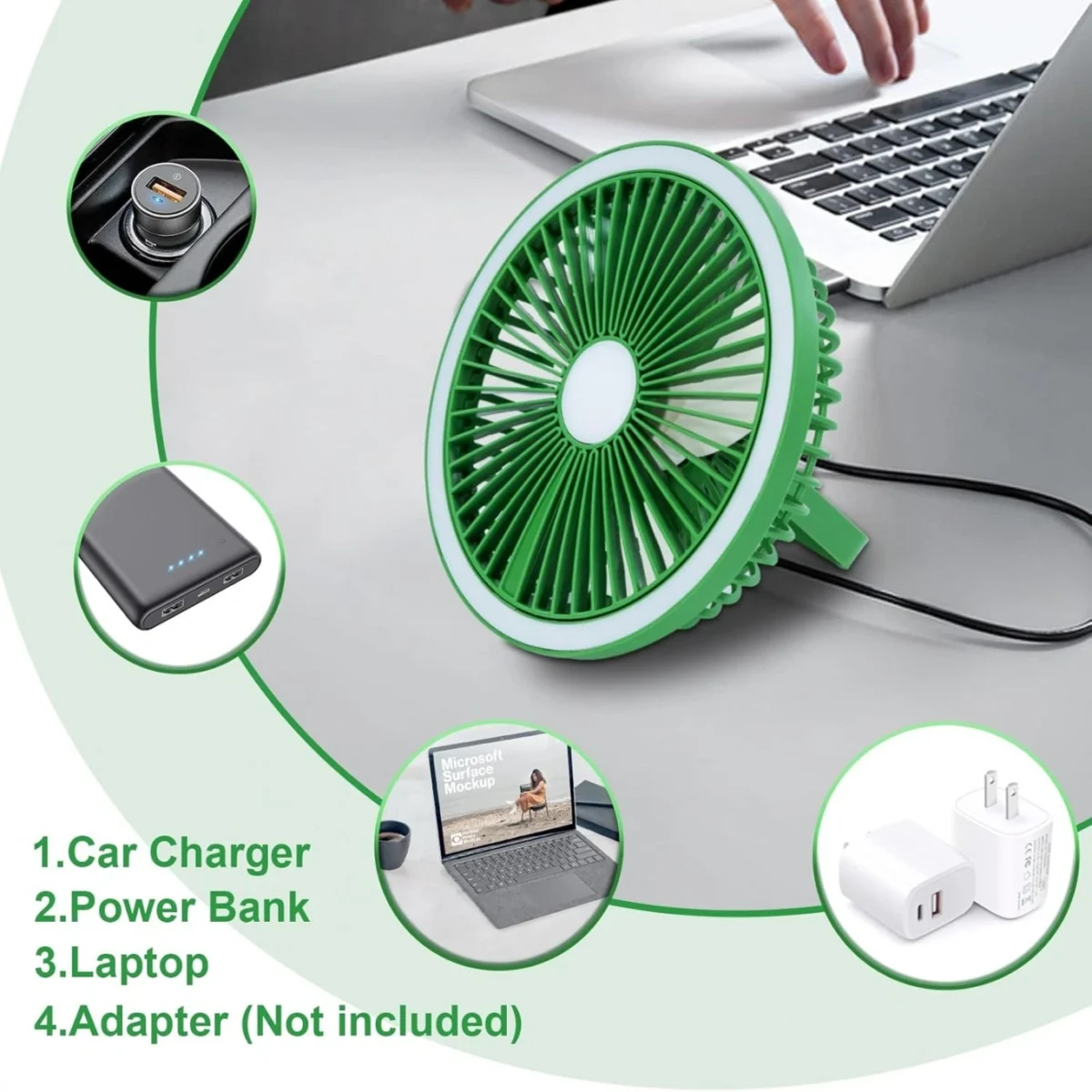 Επιτραπέζιος & Κρεμαστός Φορητός RGB Mini Ανεμιστήρας 2 σε 1 με LED και USB Φόρτιση Πράσινο – Arrango