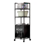 41x32x133cm Επιδαπέδια Μεταλλική Τροχήλατη Ραφιέρα Μπάνιου με 2 Ράφια & Καλάθι Απλύτων Μαύρη