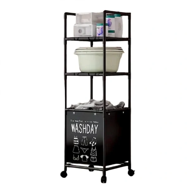 41x32x133cm Επιδαπέδια Μεταλλική Τροχήλατη Ραφιέρα Μπάνιου με 2 Ράφια & Καλάθι Απλύτων Μαύρη