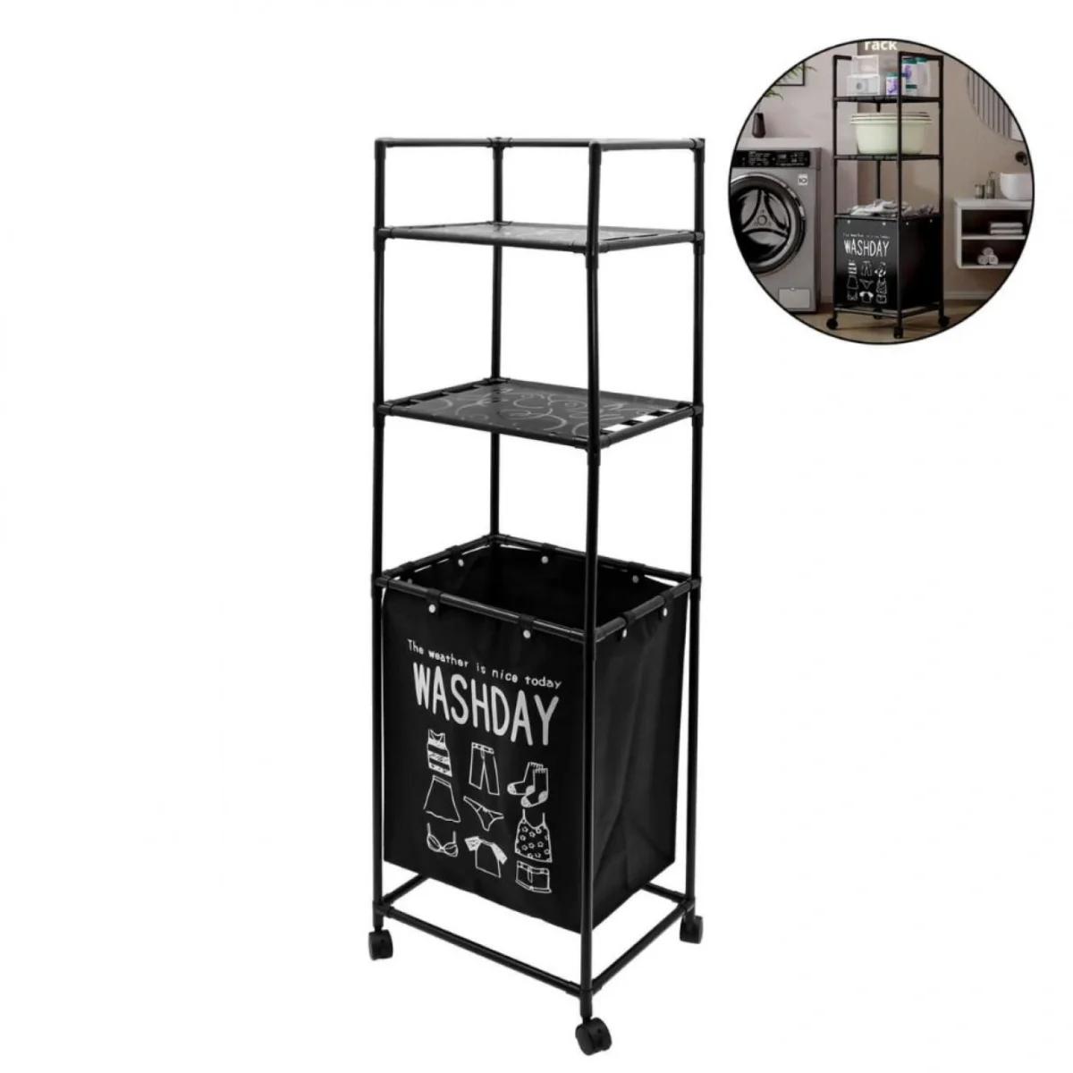 41x32x133cm Επιδαπέδια Μεταλλική Τροχήλατη Ραφιέρα Μπάνιου με 2 Ράφια & Καλάθι Απλύτων Μαύρη