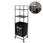 41x32x133cm Επιδαπέδια Μεταλλική Τροχήλατη Ραφιέρα Μπάνιου με 2 Ράφια & Καλάθι Απλύτων Μαύρη