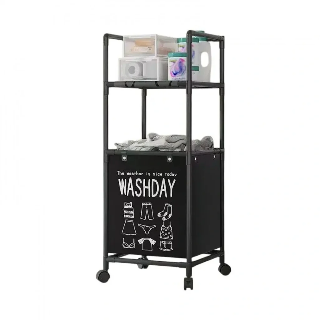 42x32x105cm Επιδαπέδια Μεταλλική Τροχήλατη Ραφιέρα Μπάνιου 2 Επιπέδων & Καλάθι Απλύτων Μαύρη