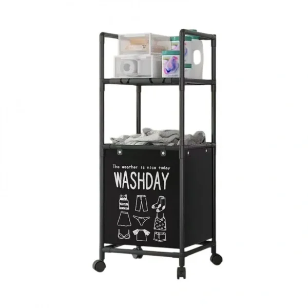42x32x105cm Επιδαπέδια Μεταλλική Τροχήλατη Ραφιέρα Μπάνιου 2 Επιπέδων & Καλάθι Απλύτων Μαύρη